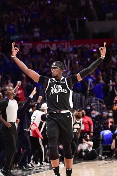 Reggie Jackson of the LA Clippers reacts to a play during the game against the Phoenix Suns during Game 3 of the Western Conference Finals of the...
