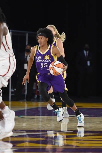 Brittney Sykes of the Los Angeles Sparks dribbles the ball against the Washington Mystics on June 24, 2021 at the Los Angeles Convention Center in...