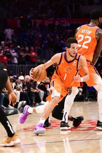 Devin Booker of the Phoenix Suns handles the ball during the game against the LA Clippers during Game 3 of the Western Conference Finals of the 2021...