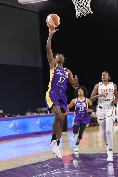 Erica Wheeler of the Los Angeles Sparks shoots the ball against the Washington Mystics on June 24, 2021 at the Los Angeles Convention Center in Los...