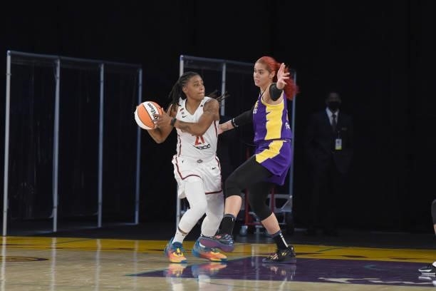 Amanda Zahui B of the Los Angeles Sparks plays defense on Shavonte Zellous of the Washington Mystics on June 24, 2021 at the Los Angeles Convention...