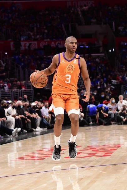 Chris Paul of the Phoenix Suns handles the ball during the game against the LA Clippers during Game 3 of the Western Conference Finals of the 2021...