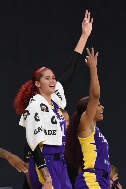 Amanda Zahui B and Te'a Cooper of the Los Angeles Sparks celebrate during the game against the Washington Mystics on June 24, 2021 at the Los Angeles...
