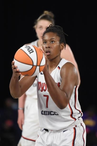 Ariel Atkins of the Washington Mystics shoots a free throw against the Los Angeles Sparks on June 24, 2021 at the Los Angeles Convention Center in...