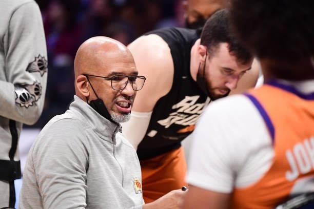 Head Coach Monty Williams of the Phoenix Suns talks to the team during the game against the LA Clippers during Game 3 of the Western Conference...
