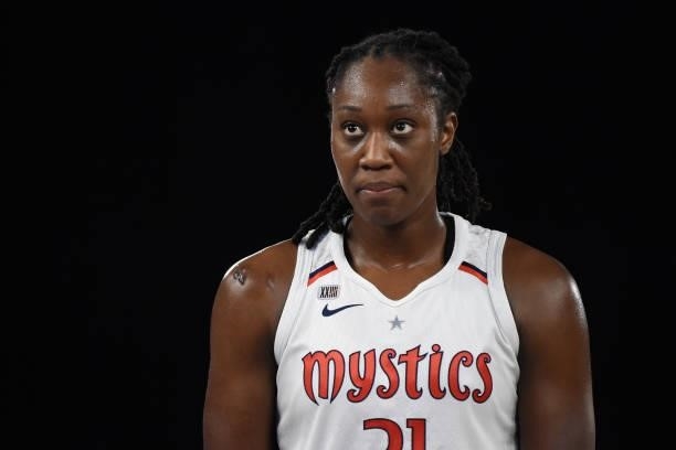 Tina Charles of the Washington Mystics looks on during the game against the Los Angeles Sparks on June 24, 2021 at the Los Angeles Convention Center...