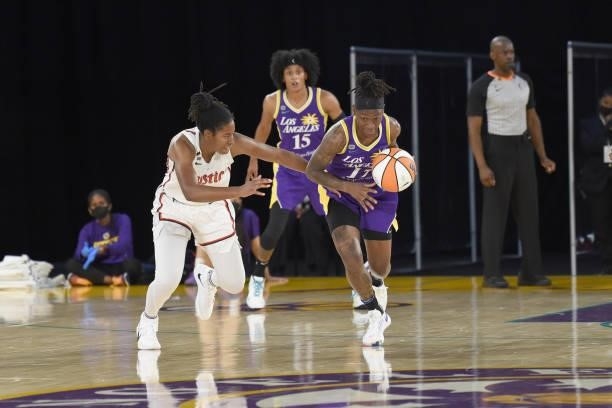 Erica Wheeler of the Los Angeles Sparks dribbles the ball against the Washington Mystics on June 24, 2021 at the Los Angeles Convention Center in Los...