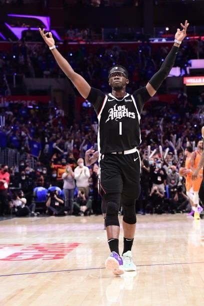 Reggie Jackson of the LA Clippers reacts to a play during the game against the Phoenix Suns during Game 3 of the Western Conference Finals of the...