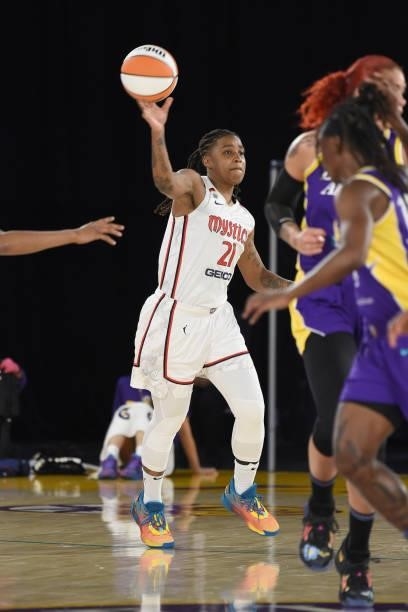 Shavonte Zellous of the Washington Mystics passes the ball during the game against the Los Angeles Sparks on June 24, 2021 at the Los Angeles...