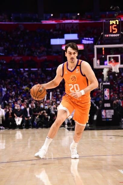 Dario Saric of the Phoenix Suns handles the ball during the game against the LA Clippers during Game 3 of the Western Conference Finals of the 2021...