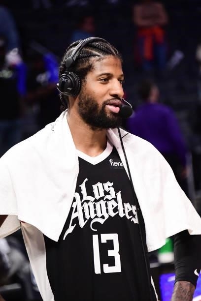 Paul George of the LA Clippers talks to the media after the game against the Phoenix Suns during Game 3 of the Western Conference Finals of the 2021...