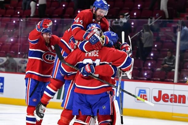 June 24: Montreal Canadiens players celebrate after defeating the Vegas Golden Knights in Game Six of the Stanley Cup Semifinals of the 2021 Stanley...