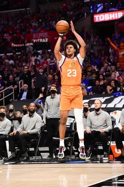 Cameron Johnson of the Phoenix Suns shoots the ball during the game against the LA Clippers during Game 3 of the Western Conference Finals of the...