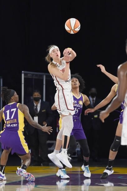 Theresa Plaisance of the Washington Mystics passes the ball during the game against the Los Angeles Sparks on June 24, 2021 at the Los Angeles...