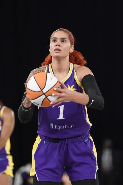 Amanda Zahui B of the Los Angeles Sparks looks to shoot a free throw against the Washington Mystics on June 24, 2021 at the Los Angeles Convention...
