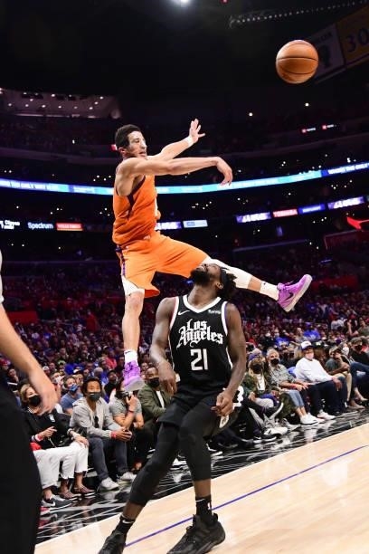 Devin Booker of the Phoenix Suns passes the ball during the game against the LA Clippers during Game 3 of the Western Conference Finals of the 2021...