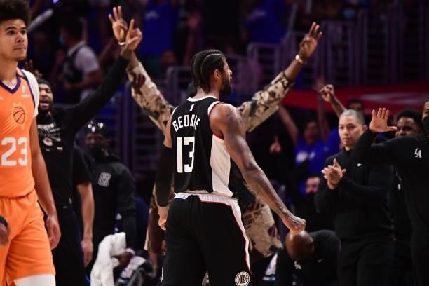 Paul George of the LA Clippers yells during the game against the Phoenix Suns during Game 3 of the Western Conference Finals of the 2021 NBA Playoffs...