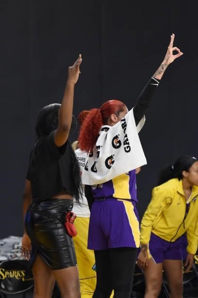 Chiney Ogwumike and Amanda Zahui B of the Los Angeles Sparks celebrate during the game against the Washington Mystics on June 24, 2021 at the Los...