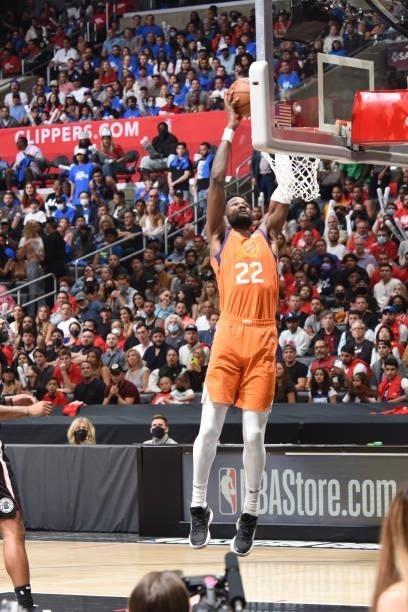 Deandre Ayton of the Phoenix Suns dunks the ball against the LA Clippers during Game 3 of the Western Conference Finals of the 2021 NBA Playoffs on...