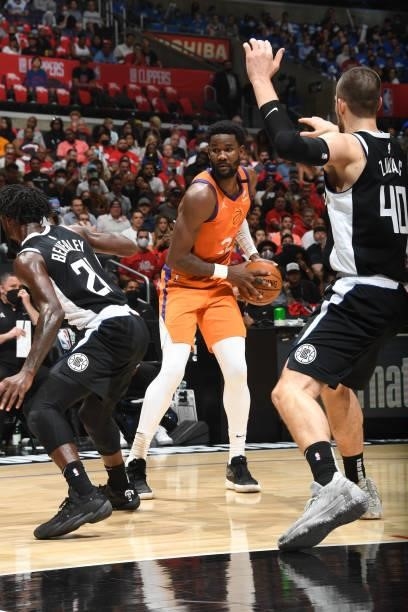 Deandre Ayton of the Phoenix Suns handles the ball against the LA Clippers during Game 3 of the Western Conference Finals of the 2021 NBA Playoffs on...