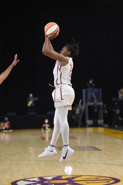 Ariel Atkins of the Washington Mystics shoots the ball against the Los Angeles Sparks on June 24, 2021 at the Los Angeles Convention Center in Los...