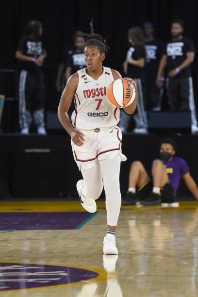 Ariel Atkins of the Washington Mystics dribbles the ball against the Los Angeles Sparks on June 24, 2021 at the Los Angeles Convention Center in Los...