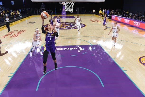 Amanda Zahui B of the Los Angeles Sparks drives to the basket against the Washington Mystics on June 24, 2021 at the Los Angeles Convention Center in...