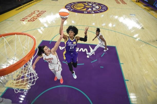 Brittney Sykes of the Los Angeles Sparks shoots the ball against the Washington Mystics on June 24, 2021 at the Los Angeles Convention Center in Los...