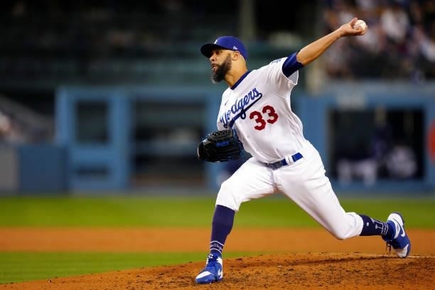David Price of the Los Angeles Dodgers pitches during the game between the Chicago Cubs and the Los Angeles Dodgers at Dodgers Stadium on Thursday,...