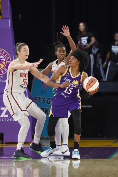 Brittney Sykes of the Los Angeles Sparks handles the ball against the Washington Mystics on June 24, 2021 at the Los Angeles Convention Center in Los...