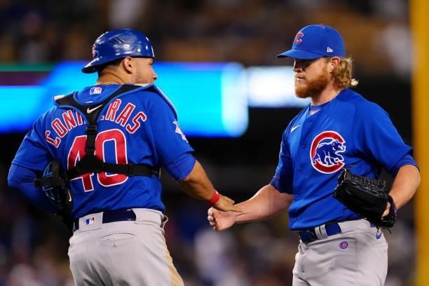 Craig Kimbrel and Willson Contreras of the Chicago Cubs celebrate after the Cubs defeated the Los Angeles Dodgers at Dodgers Stadium on Thursday,...