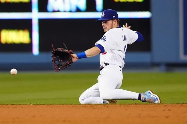 Gavin Lux of the Los Angeles Dodgers fields a ground ball during the game between the Chicago Cubs and the Los Angeles Dodgers at Dodgers Stadium on...