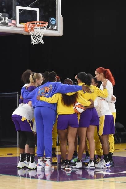 The Los Angeles Sparks huddle up before the game against the Washington Mystics on June 24, 2021 at the Los Angeles Convention Center in Los Angeles,...