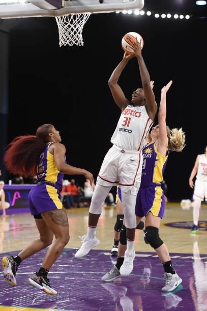 Tina Charles of the Washington Mystics shoots the ball against the Los Angeles Sparks on June 24, 2021 at the Los Angeles Convention Center in Los...