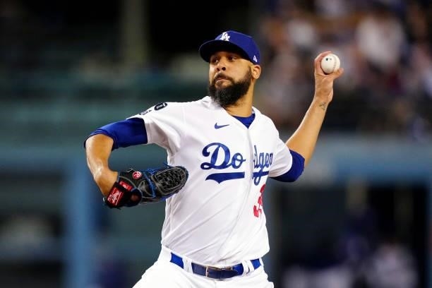 David Price of the Los Angeles Dodgers pitches during the game between the Chicago Cubs and the Los Angeles Dodgers at Dodgers Stadium on Thursday,...