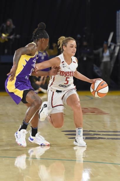 Erica Wheeler of the Los Angeles Sparks plays defense on Leilani Mitchell of the Washington Mystics on June 24, 2021 at the Los Angeles Convention...