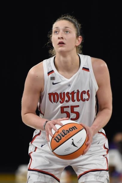 Theresa Plaisance of the Washington Mystics looks to shoot a free throw against the Los Angeles Sparks on June 24, 2021 at the Los Angeles Convention...