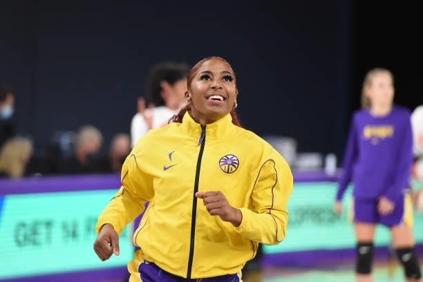 Te'a Cooper of the Los Angeles Sparks smiles before the game against the Washington Mystics on June 24, 2021 at the Los Angeles Convention Center in...