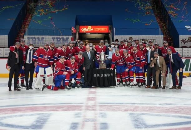 June 24: The Montreal Canadiens pose with the Clarence S. Campbell Bowl after defeating the Vegas Golden Knights 3-2 during the first overtime period...