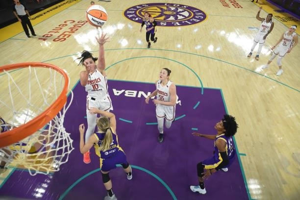 Megan Gustafson of the Washington Mystics shoots the ball against the Los Angeles Sparks on June 24, 2021 at the Los Angeles Convention Center in Los...