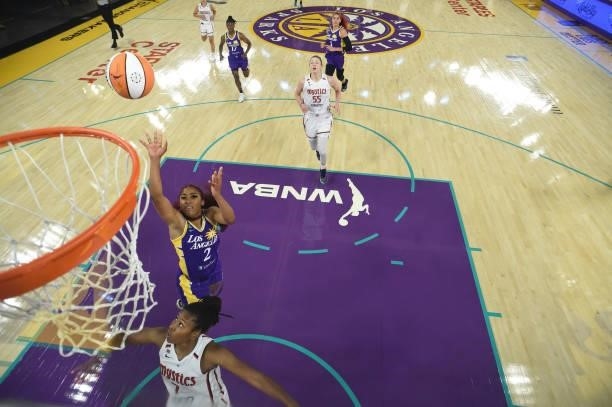 Te'a Cooper of the Los Angeles Sparks shoots the ball against the Washington Mystics on June 24, 2021 at the Los Angeles Convention Center in Los...