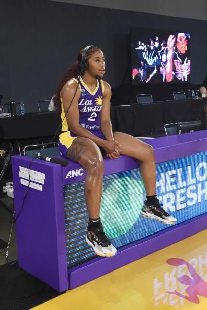Te'a Cooper of the Los Angeles Sparks talks with the media after the game against the Washington Mystics on June 24, 2021 at the Los Angeles...