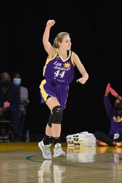Karlie Samuelson of the Los Angeles Sparks celebrates during the game against the Washington Mystics on June 24, 2021 at the Los Angeles Convention...
