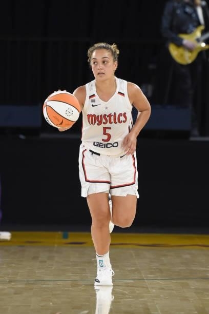 Leilani Mitchell of the Washington Mystics dribbles the ball against the Los Angeles Sparks on June 24, 2021 at the Los Angeles Convention Center in...