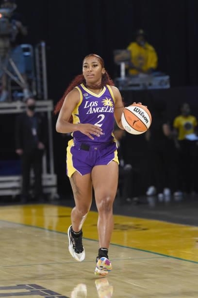 Te'a Cooper of the Los Angeles Sparks dribbles the ball against the Washington Mystics on June 24, 2021 at the Los Angeles Convention Center in Los...