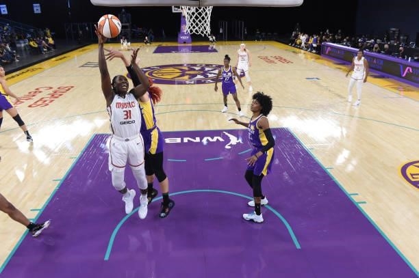 Tina Charles of the Washington Mystics shoots the ball against the Los Angeles Sparks on June 24, 2021 at the Los Angeles Convention Center in Los...