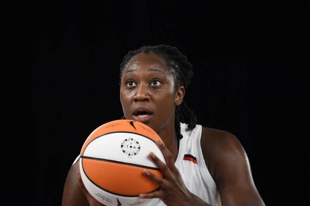 Tina Charles of the Washington Mystics looks to shoot a free throw against the Los Angeles Sparks on June 24, 2021 at the Los Angeles Convention...