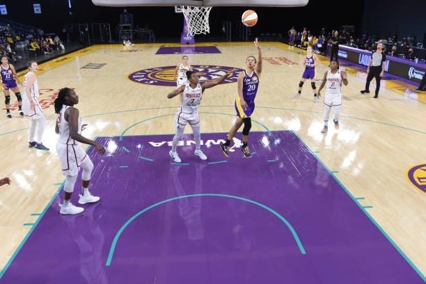 Kristi Toliver of the Los Angeles Sparks shoots the ball against the Washington Mystics on June 24, 2021 at the Los Angeles Convention Center in Los...