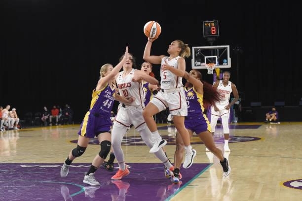 Leilani Mitchell of the Washington Mystics shoots the ball against the Los Angeles Sparks on June 24, 2021 at the Los Angeles Convention Center in...