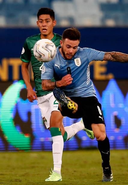 Nahitan Nandez of Uruguay competes for the ball with Ramiro Vaca of Bolivia ,during the match between Bolivia and Uruguay as part of Conmebol Copa...